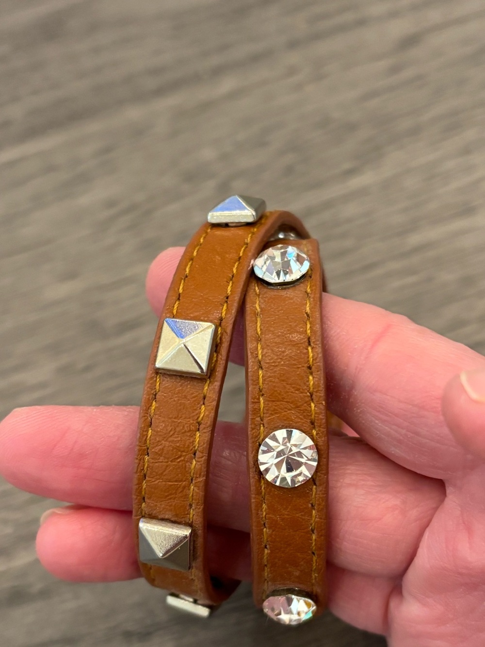 Brown Leather Wrap Bracelet with Studs and Crystal Rivets